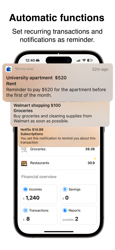 Money-Wise - Notifiche dell'app Money-Wise per transazioni di affitto e generi alimentari su un telefono cellulare