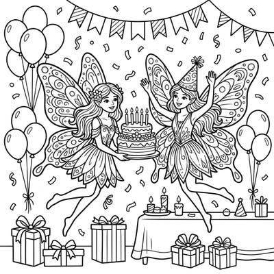 Join two delightful butterfly fairies as they celebrate a joyous birthday party, complete with cake, balloons, and gifts. This charming coloring page brings a sprinkle of magic to any festive occasion, inviting you to add your favorite colors.