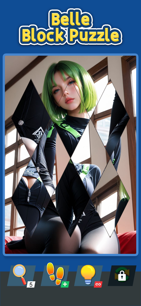 Mosaic Jigsort : Block Puzzle - A screenshot of the Mosaic Jigsort game featuring a fragmented art portrait of a girl with green hair