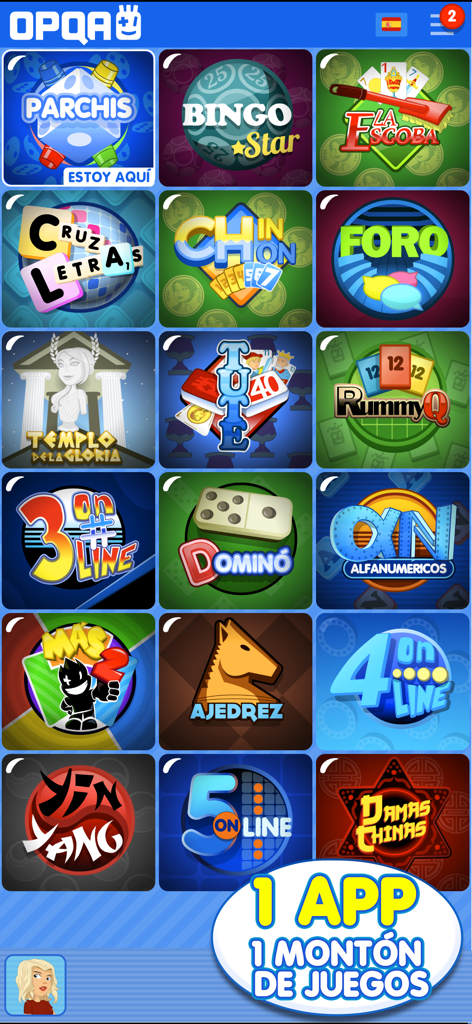 Menú principal de la app OPQA 2.0 que muestra varios juegos de mesa y cartas tradicionales españoles