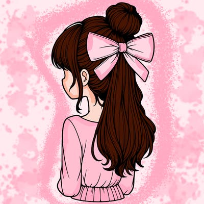 realistic girl  with hip length hair a bun and a big bow on the back of head