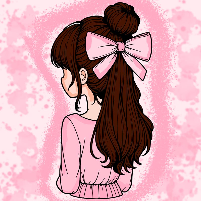 realistic girl  with hip length hair a bun and a big bow on the back of head