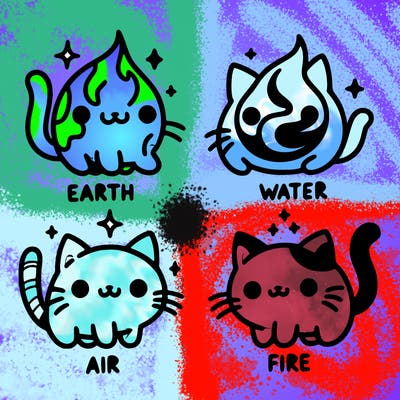 4 cats that represent the different elements, earth, water, air, and fire