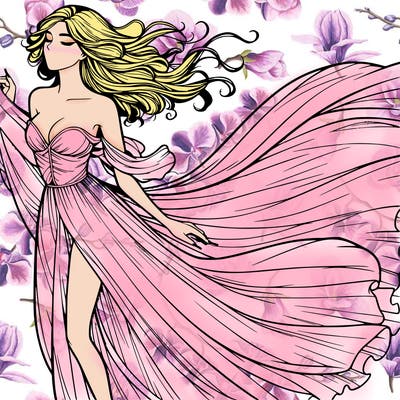 realistic woman in dress flowing the the wind