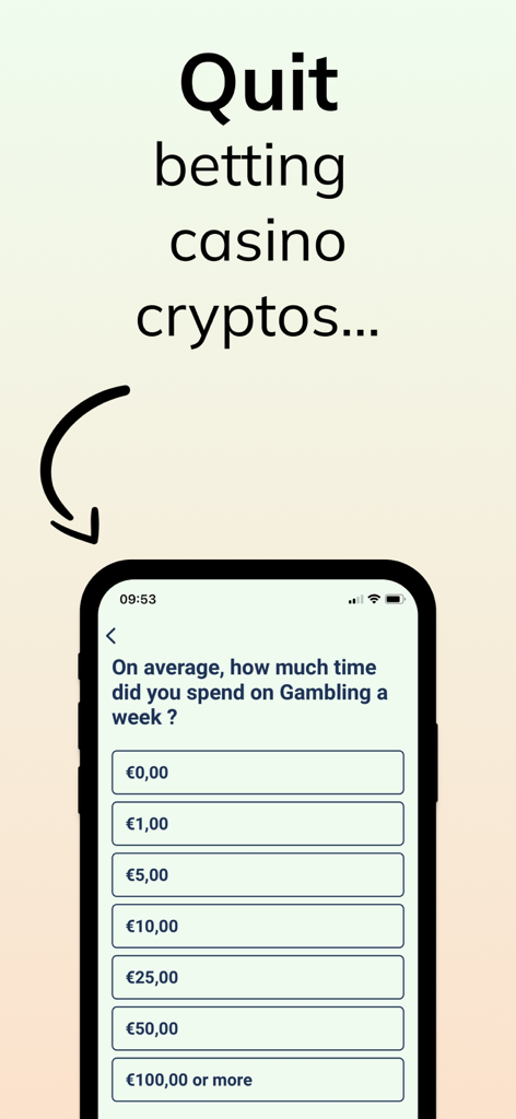 Schermata di onboarding dell'app Gambling Block che chiede riguardo alle abitudini di spesa settimanale per il gioco d'azzardo per aiutare gli utenti a smettere di scommettere
