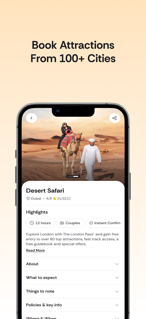 Alike Travel - Alike Travel app screen showing a bookable desert safari attraction in Dubai with creator content