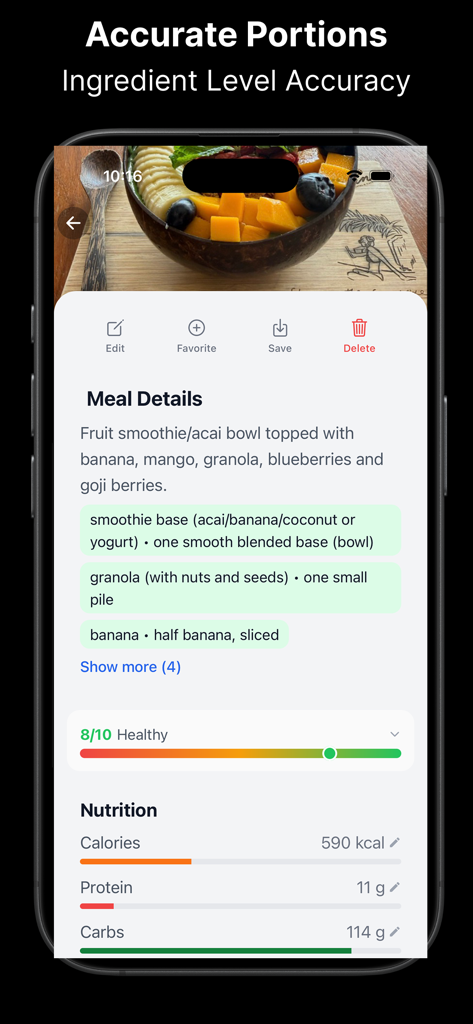 NutriShot AI - Calorie Counter - Interface do aplicativo exibindo porções detalhadas de ingredientes e fatos nutricionais para uma tigela de smoothie de frutas.