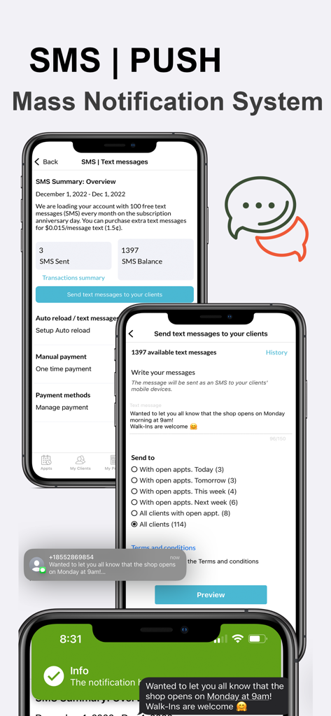 Ring My Stylist: Booking App - SMS and push mass notification feature in the Ring My Stylist booking app