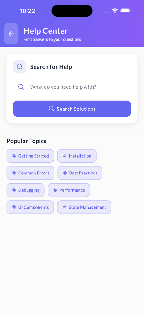 The help center screen of the Learn Python Coding Offline app featuring a search bar and popular support topics like debugging and installation.