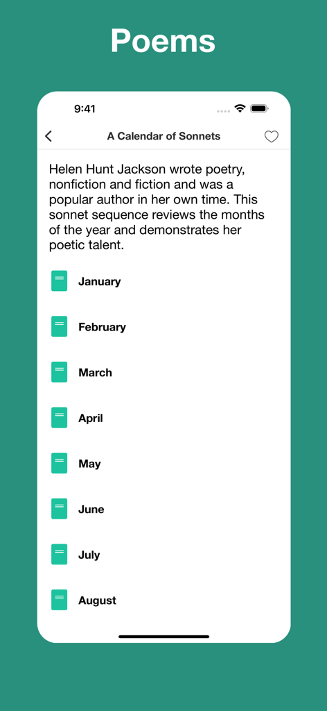 Poetry Audiobooks - A list of months in the A Calendar of Sonnets collection on the Poetry Audiobooks app