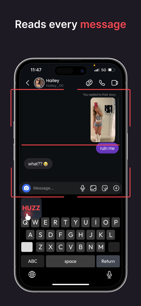 A mobile phone showing the Huzz AI wingman keyboard analyzing an Instagram chat message to provide a reply.