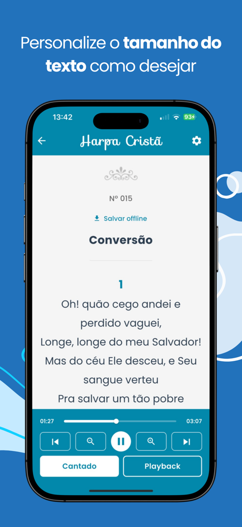 Harpa Cristã: Áudio e Playback - Tela do aplicativo Harpa Cristã mostrando a letra de um hino e botões para ajustar o tamanho do texto.