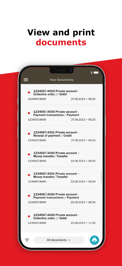cash-bank zweiplus E-BANKING - Interface of the cash-bank zweiplus E-BANKING app showing a list of account documents and transaction receipts with a print icon
