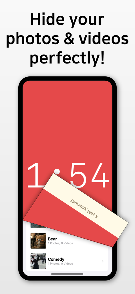 Clock Vault - My Secret Album! - A smartphone screen showing the Clock Vault app with a clock face peeling away to reveal hidden photo folders