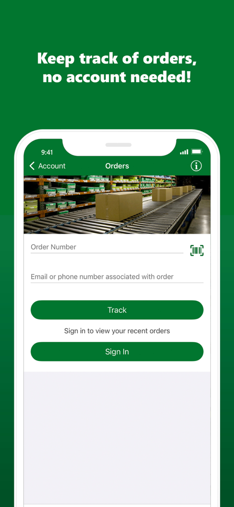 Menards-App-Oberfläche zur Verfolgung von Bestellungen mit Bestellnummer und E-Mail ohne Konto.