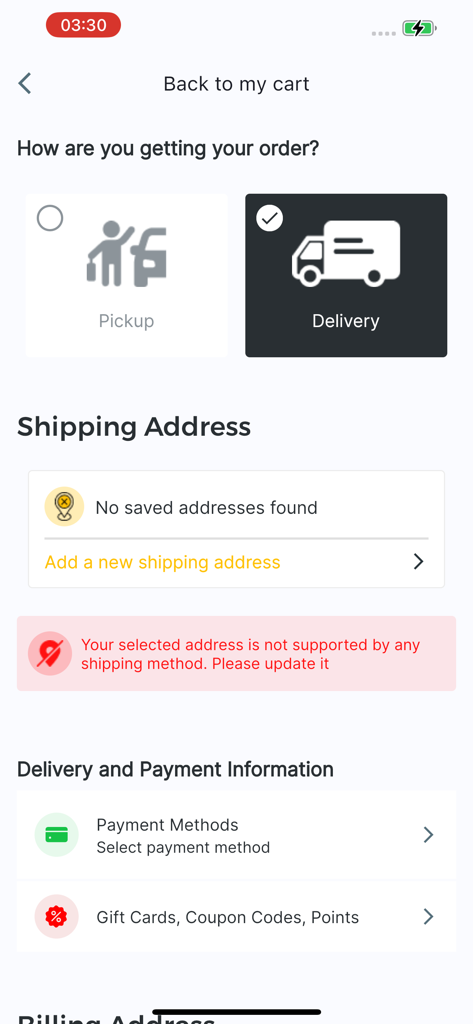 Helpful Foodie - Helpful Foodie app checkout screen showing options for delivery or pickup