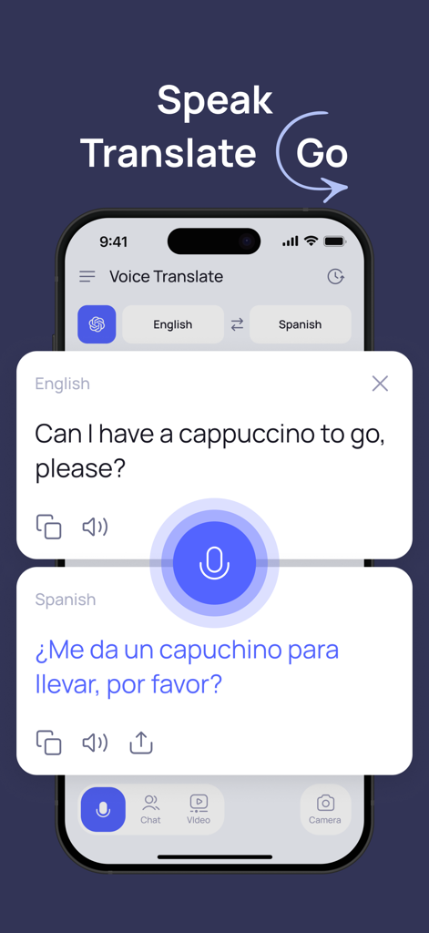 英語からスペイン語への旅行用テキスト翻訳を示すAI音声翻訳アプリの画面