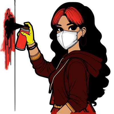 realistic girl with mask spray painting a wall