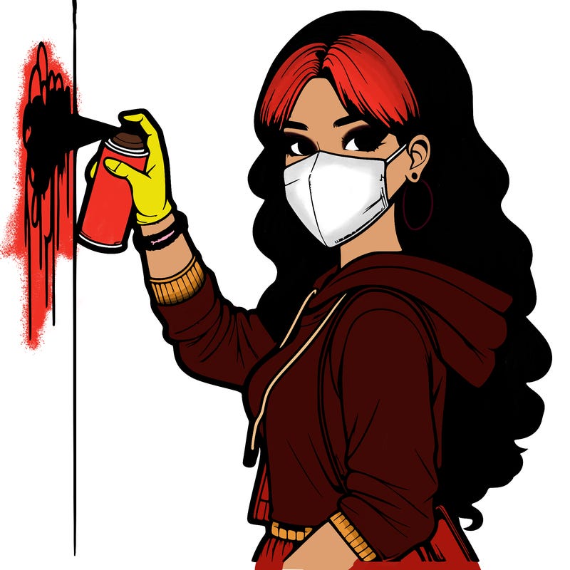 realistic girl with mask spray painting a wall