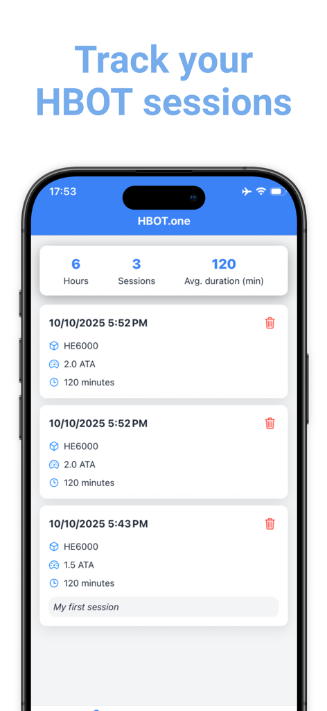 Interfaz de la aplicación móvil HBOT.one que muestra un historial de sesiones de oxigenoterapia hiperbárica rastreadas