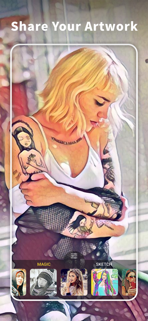 Interfaz de ArtistA Cartoon Photo Editor mostrando un filtro artístico aplicado a un retrato y una selección de efectos mágicos y de boceto.