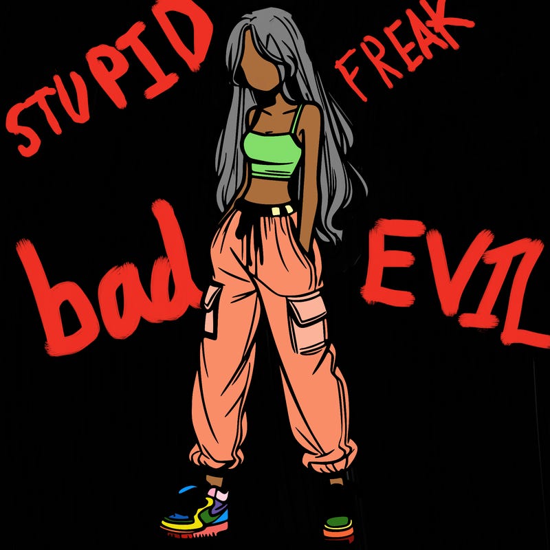 girl in baggy pants crop top and long hair