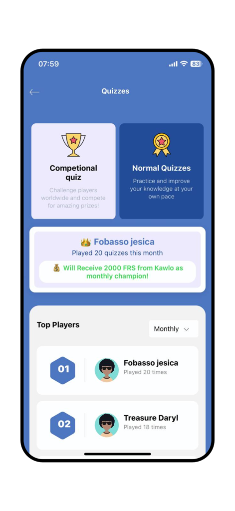 Kawlo - Interface de quiz de l'application Kawlo montrant les modes de compétition et le classement des meilleurs étudiants.