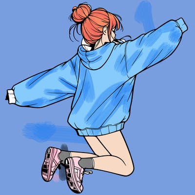 realistic girl jumping with a bun and oversized sweatshirt