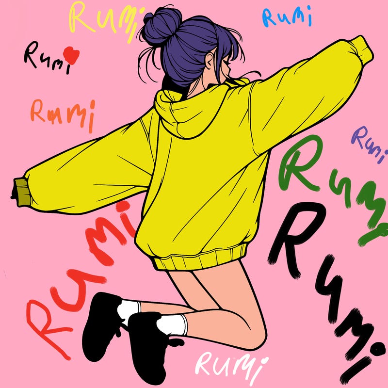 realistic girl jumping with a bun and oversized sweatshirt