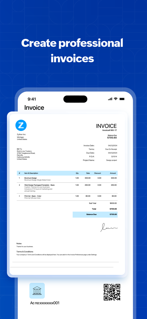 Zoho Invoice Maker App - A professional invoice created on the Zoho Invoice Maker App showing services like web and brochure design