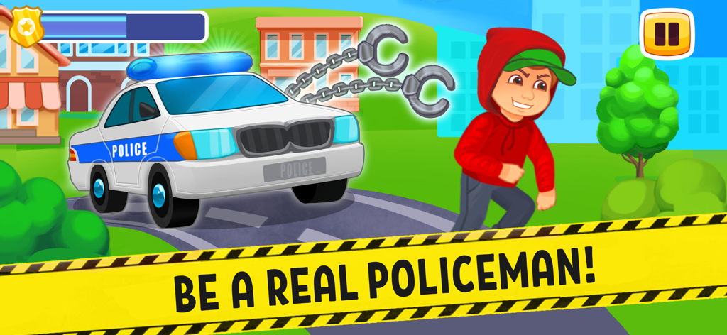 Police Racing! Cars Race Games - A cartoon police car chasing a character in a red hoodie with handcuffs floating in the air