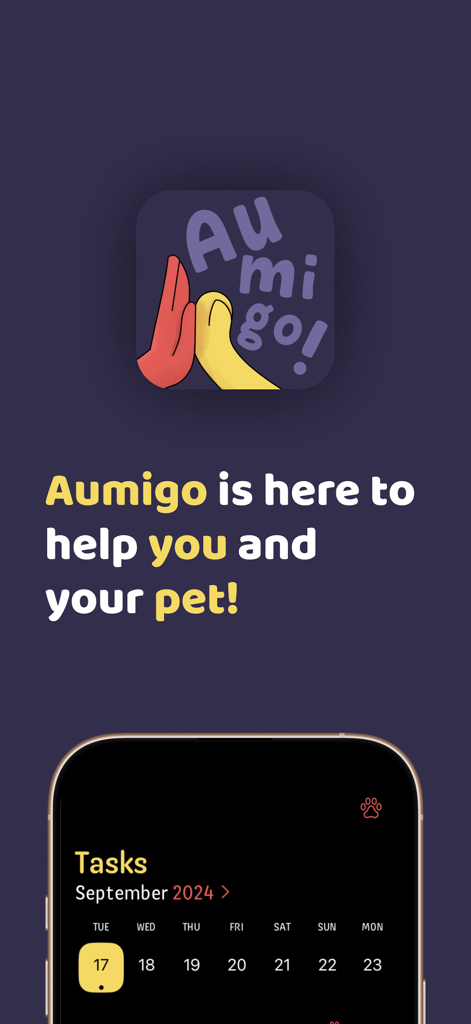 Aumigo - Pet Care & Routine - Aplicativo Aumigo de cuidados com o pet e rotina, tela de boas-vindas com um logotipo de high-five e interface de calendário de tarefas.