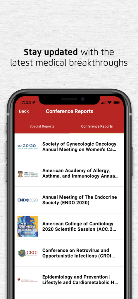 MIMS Thailand mobile app displaying a list of medical conference reports and clinical news updates.