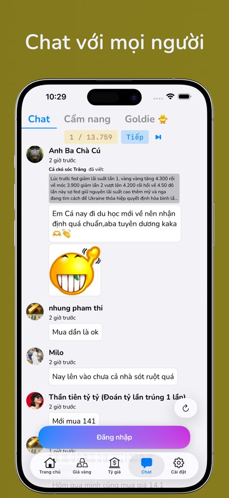Giá Vàng - Tỷ Giá Ngoại Tệ - Community chat interface of the Gold Price and Exchange Rate app showing user interactions in Vietnamese