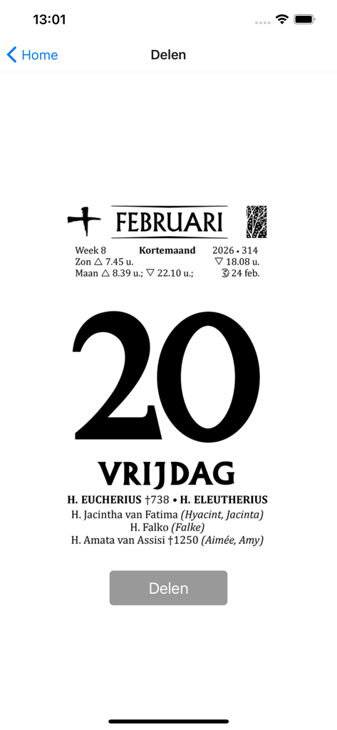 A digital tear-off calendar page from the Digitale Druivelaar 2026 app showing Friday February 20 with sunrise and name day details.