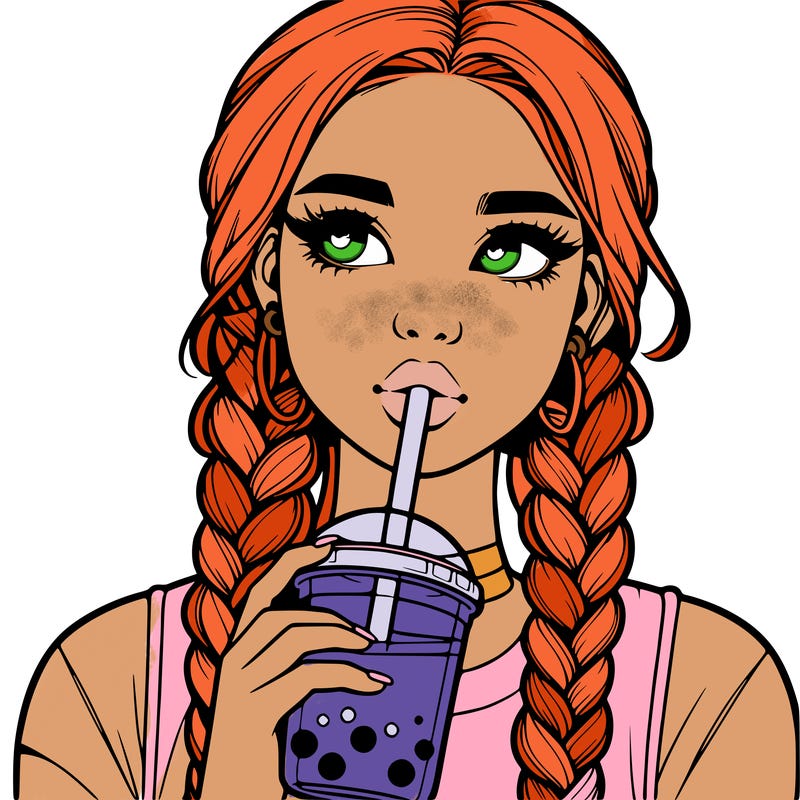 realistic girl with braided hair drinking boba