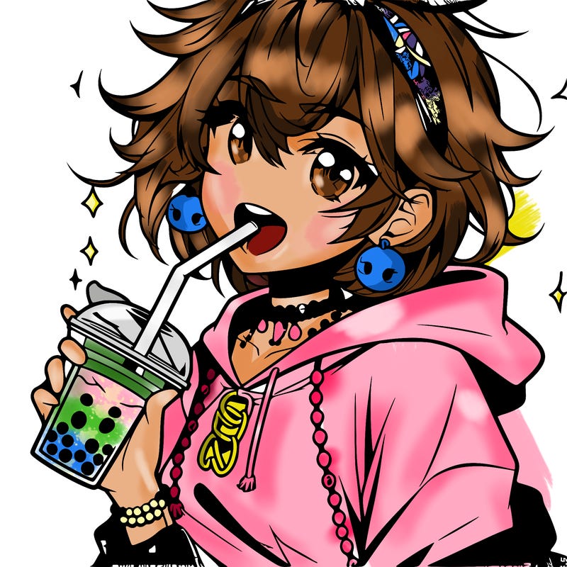 hot baddie anime girl drinking boba and biting the straw