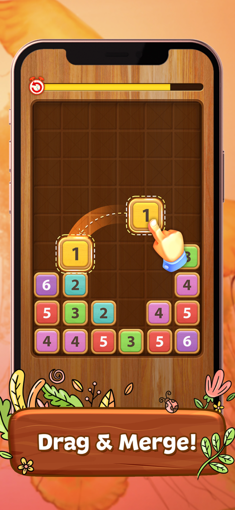 Merge Wood: Block Puzzle - Gameplay of Merge Wood Block Puzzle showing a hand dragging a numbered block to merge with another on a wooden board.
