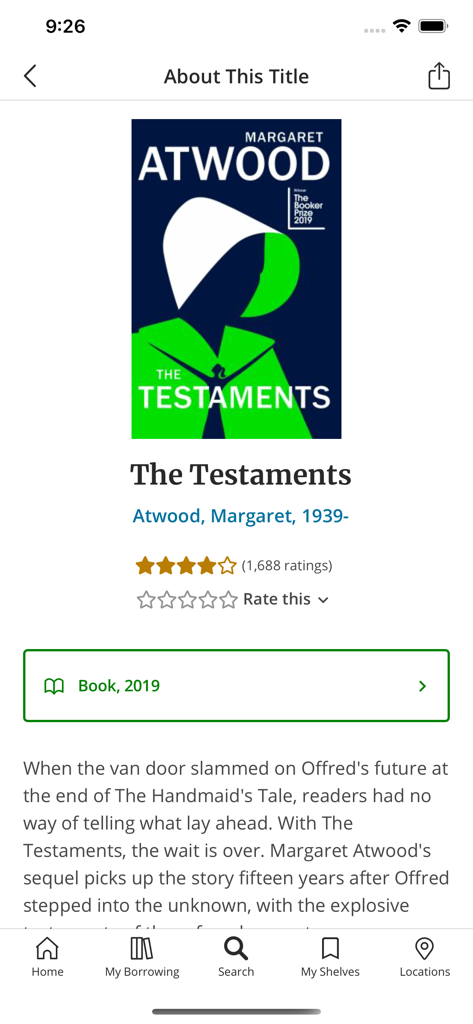 VPL Mobile app screen displaying book details for The Testaments by Margaret Atwood