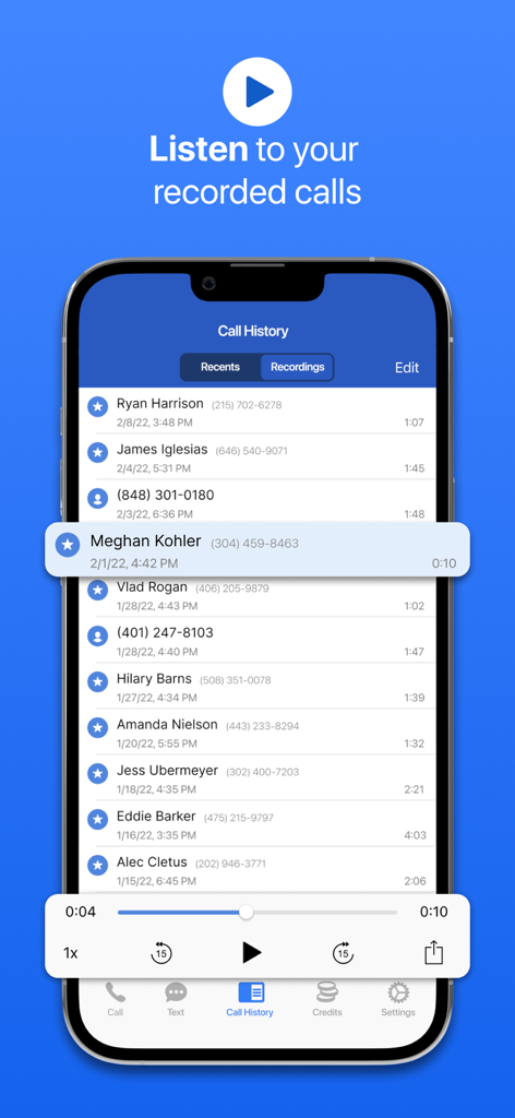 SpoofCard - Privacy Protected - Interface of SpoofCard app showing a call history list of recorded calls with a built-in audio player