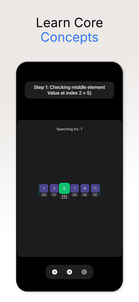 DSA Master - Data & Algorithms - 애니메이션 이진 검색 알고리즘 시각화를 보여주는 DSA Master 앱 화면.