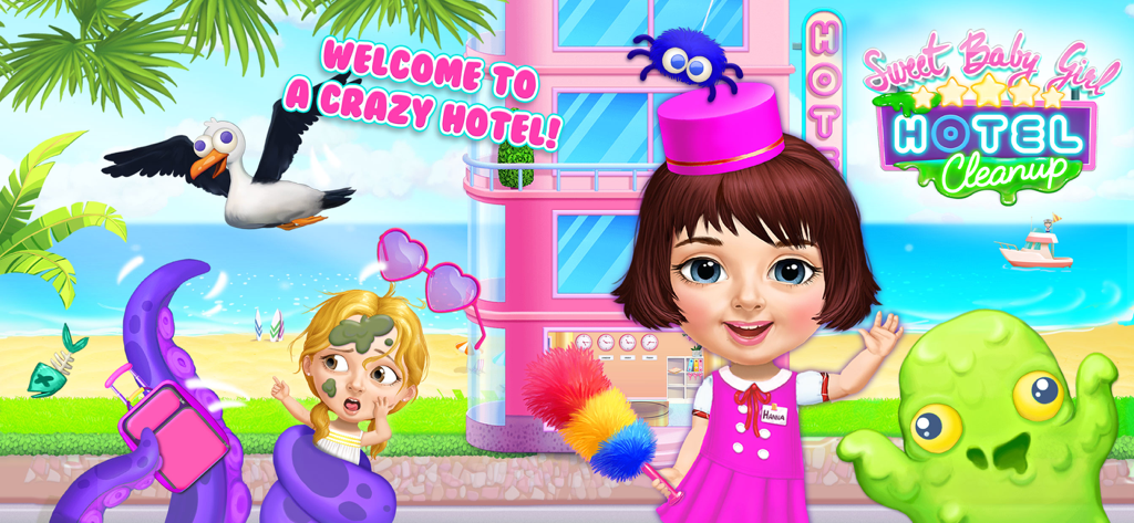 Sweet Baby Girl Hotel Cleanup - Personajes de Sweet Baby Girl Hotel Cleanup frente a un hotel de playa rosa