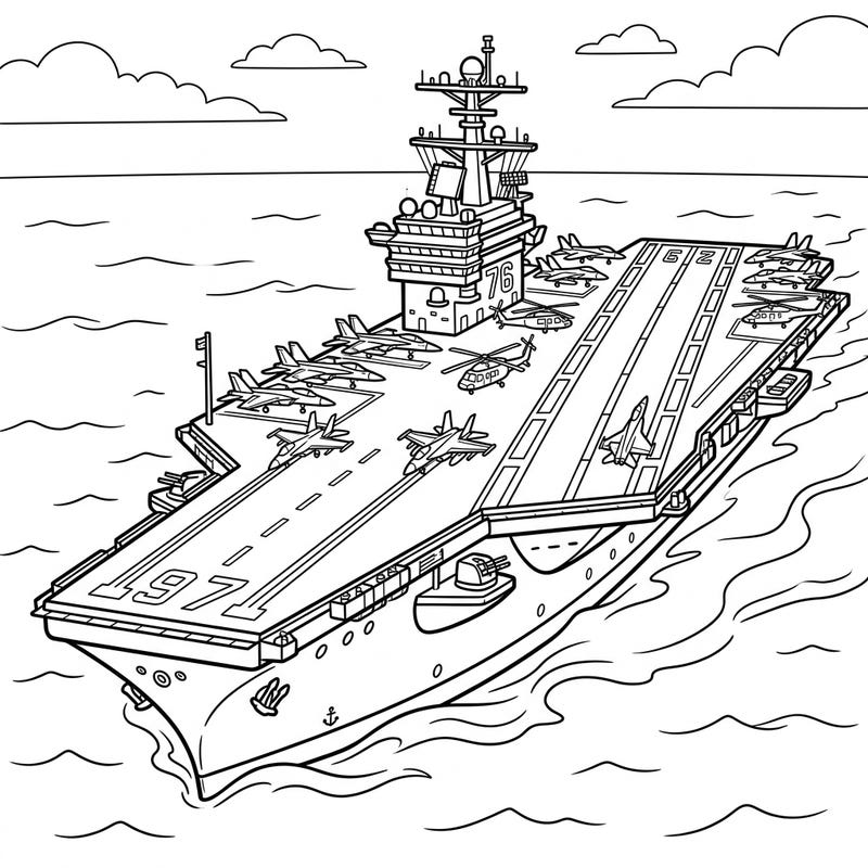 Dive into the impressive world of naval power with our detailed aircraft carrier coloring page. This intricate design features a massive warship complete with fighter jets and helicopters ready for action, promising hours of engaging coloring fun.