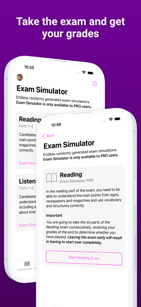 English B1 PET - English B1 PET app showing the exam simulator screen for reading practice with grades