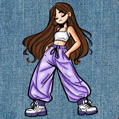 girl in baggy pants crop top and long hair
