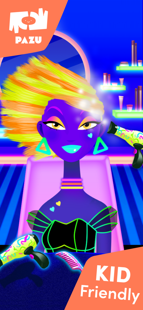 Ein lila Charakter mit leuchtend neonfarbenem Haar und Styling-Werkzeugen in einem Kinderfriseursalon-Spiel