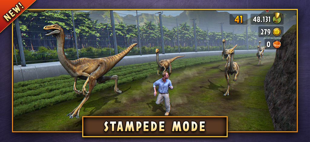Jurassic Survivor: Evolved - Un hombre corriendo junto a una estampida de dinosaurios en el juego móvil Jurassic Survivor Evolved.