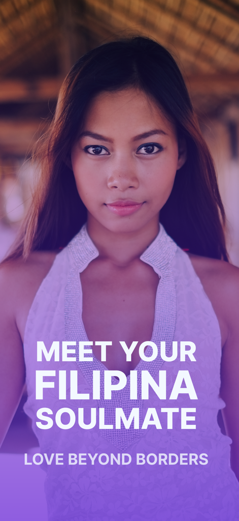 Promotional screen for the FilipinoBlush dating app featuring a beautiful Filipina woman and the text Meet Your Filipina Soulmate
