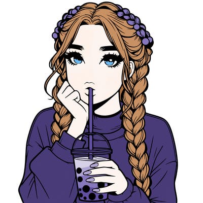 realistic girl with braided hair drinking boba