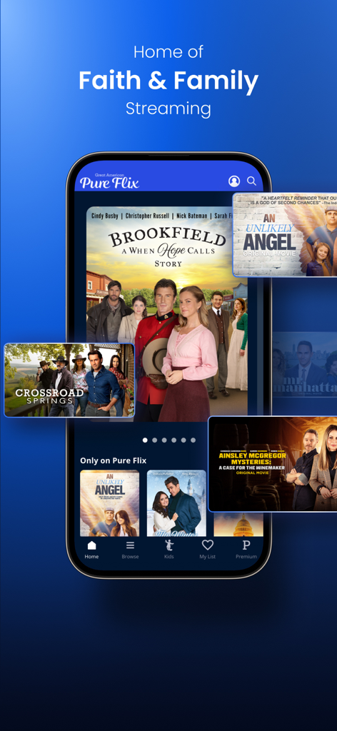 Great American Pure Flix mobile app interface featuring faith-based movies and family-friendly TV shows